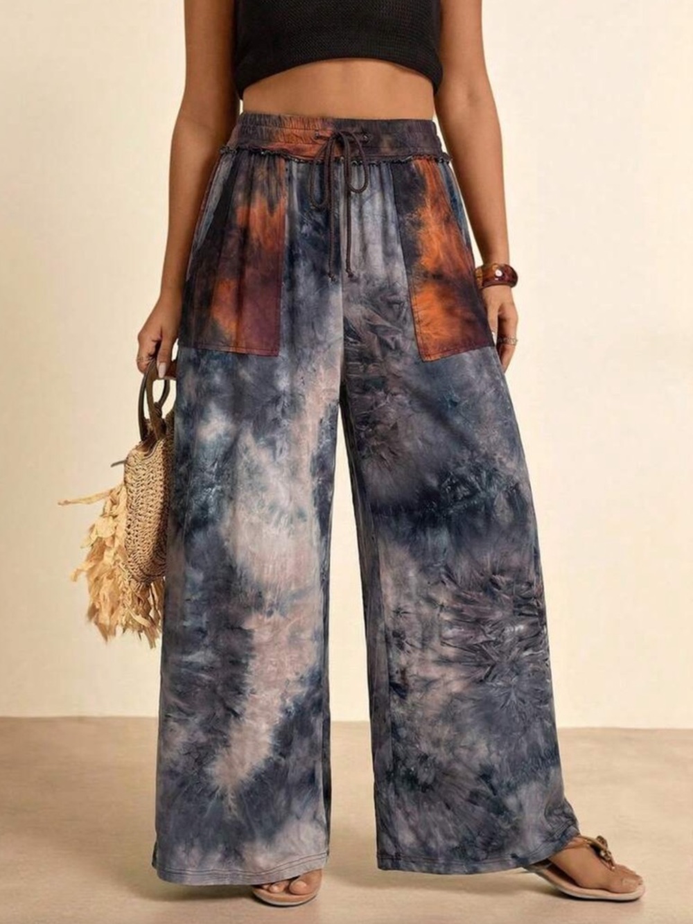 Plus Size Boho Tie Dye Patch Pockets Wide Leg Pants